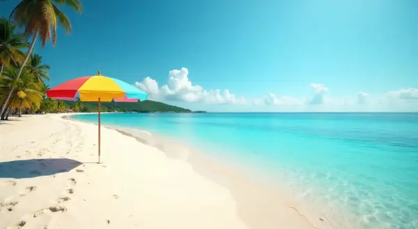 Rajska plaża z palmami i kolorowym parasolem. Idealne miejsce na wakacje, kiedy Dominikana jest najtaniej.