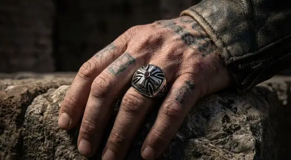 Męska dłoń z tatuażami i masywnym pierścionkiem z czerwonym kamieniem. Czy to amulet, czy może przesądy o pierścionkach mają znaczenie?