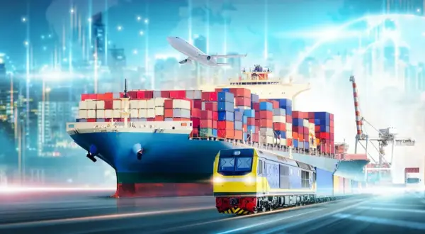 Globalne środki transportu: kontenerowiec, pociąg, samolot i ciężarówka w ruchu, symbolizujące logistykę i handel.