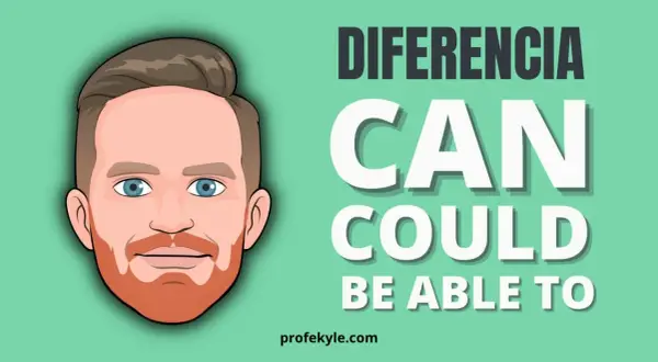 Ilustración de un hombre con barba y ojos azules, junto a la palabra "CAN" y "COULD BE ABLE TO", explicando la diferencia entre estos verbos en inglés.