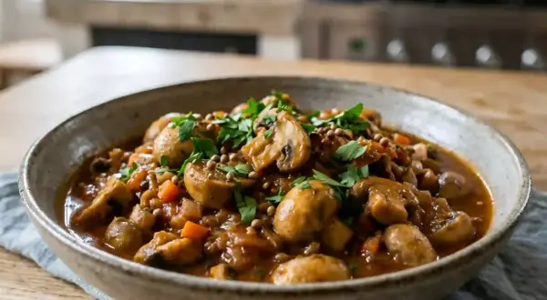 Un plat de champignons à la grecque, mijoté avec des carottes et des herbes, servi dans un bol rustique.