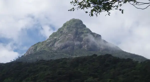 Adams Peak reser sig majestätiskt, klädd i grönska och omfamnad av moln.
