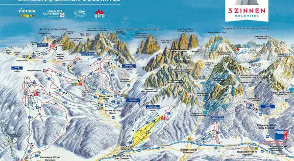 Mapa ośrodka narciarskiego 3 Zinnen Dolomites z zaznaczonymi trasami i szczytami, w tym słynnymi Tre Cime.