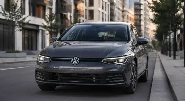 Mörkgrå Golf Alltrack parkerad på en stadsgata. Kanske ett problem med att hitta parkering?