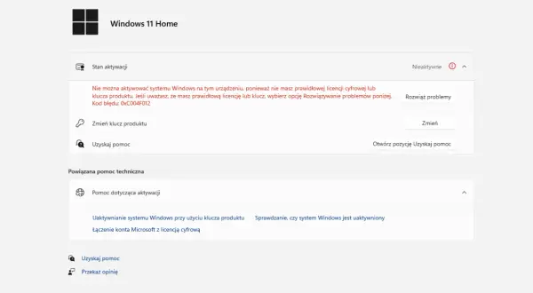 Stan aktywacji Windows 11 Home: Nieaktywne. Brak prawidłowej licencji lub klucza produktu. Możliwość rozwiązania problemów lub zmiany klucza.