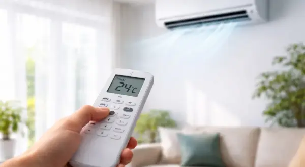 Une main tient une télécommande pour régler le climatiseur en mode auto. L'air frais est diffusé dans la pièce.