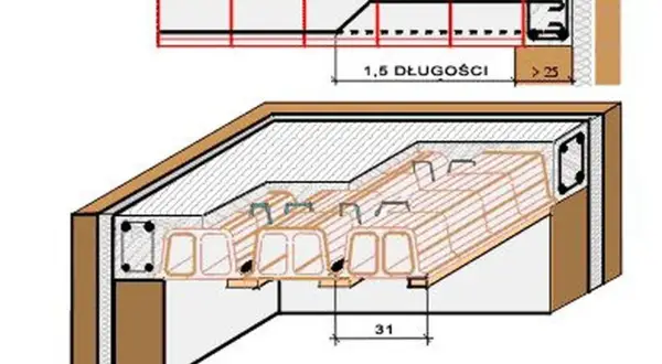Schemat stropu ackermana z widokiem przekroju i perspektywy, pokazujący belki i zbrojenie.