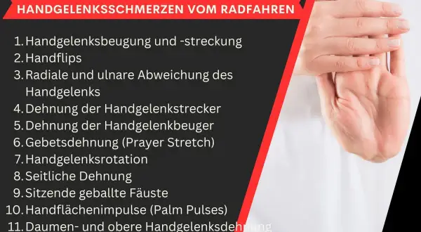Schluss mit stechendem Schmerz im Handgelenk bei Drehbewegung! Liste mit Dehnübungen gegen Handgelenkschmerzen vom Radfahren.