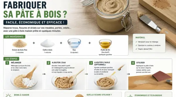 Pâte à bois maison : mélangez sciure, colle et eau pour un résultat parfait. Idéal pour réparer meubles et boiseries.