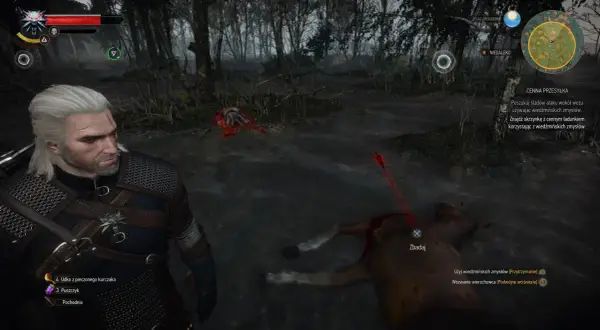 Geralt szuka śladów ataku, by odnaleźć cenną przesyłkę w mrocznym lesie. W pobliżu leży martwy koń.