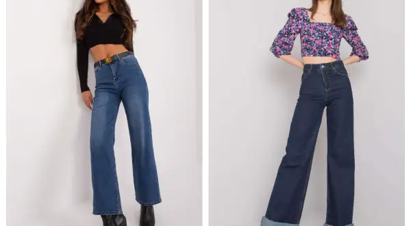 Dwie kobiety prezentują modne szerokie jeansy stylizacje. Jedna w jasnych jeansach i czarnym topie, druga w ciemnych jeansach i kwiecistej bluzce.