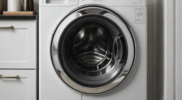 Nowa pralka Whirlpool z błędem F05. Nowoczesny design, chromowany detal drzwi.
