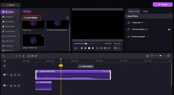 Importing a .wav file on a Macintosh computer into a video editor.