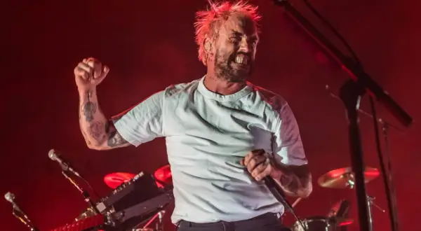 A tattooed singer with spiky blonde hair belts into a microphone, fist raised, during a live performance. The idles setlist is in full swing.