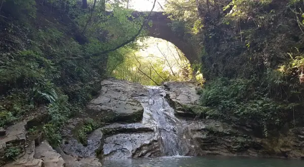 Cascate brescia: un piccolo salto d'acqua scende tra rocce e vegetazione lussureggiante, sotto un antico ponte ad arco.