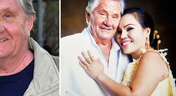 En äldre man och en yngre kvinna ler mot varandra. Mannen har grått hår och en beige jacka. Kvinnan har mörkt hår och en gul klänning. Kanske är det en av de där "little gerhard fruar" som man hör talas om.