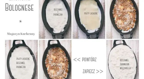 Ania gotuje lazanię bolognese: warstwy beszamelu, parmezanu, płatów lasagne i sosu bolognese. Powtórz i zapiecz!