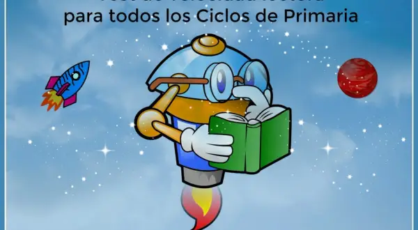 Un robot con gafas lee un libro, listo para mejorar la velocidad lectora primaria. Un cohete y un planeta flotan en el cielo estrellado.