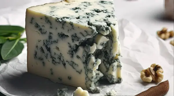 Kawałek kremowego sera pleśniowego gorgonzola z niebieskimi żyłkami, obok orzechów włoskich i zielonych liści.