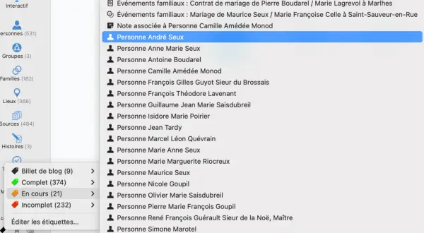 Liste de personnes dans un logiciel de généalogie, "Personne André Seux" est sélectionné. ad65 en ligne.
