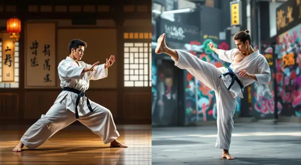 Två män i vita dräkter utövar budo kampsport. Den ena i en traditionell dojo, den andra med en bakgrund av graffitiväggar.