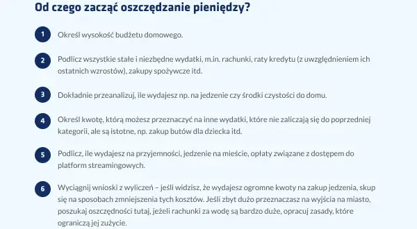 Lista kroków, jak zacząć oszczędzać pieniądze: budżet, stałe wydatki, analiza bieżących kosztów, wyznaczanie kwot na inne potrzeby, przyjemności i wnioski.