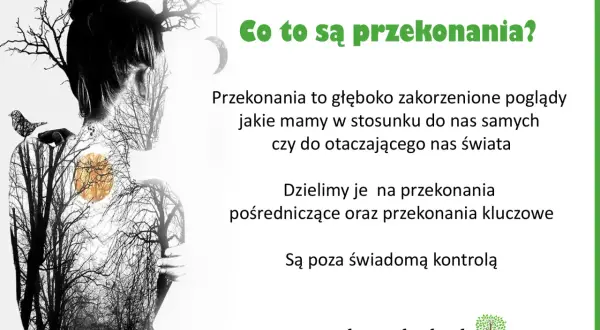 Przekonania kluczowe przykłady: głęboko zakorzenione poglądy o sobie i świecie, poza świadomą kontrolą. Sylwetka kobiety z lasem w tle.
