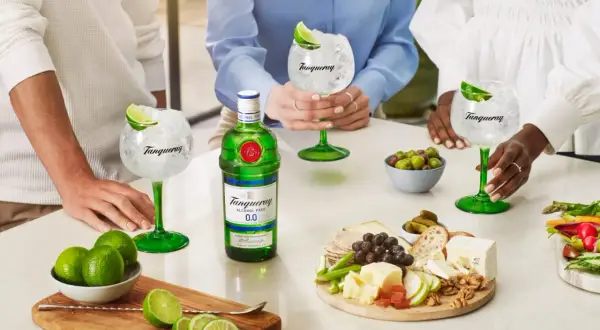 Tanqueray Gin alkoholfrei Rezept: Erfrischende Drinks mit Limette und Eis, serviert mit einem köstlichen Käseplättchen.