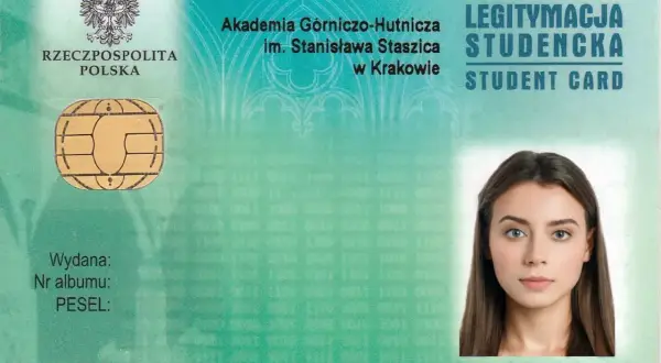 Legitymacja studencka AGH z wizerunkiem młodej kobiety i chipem.