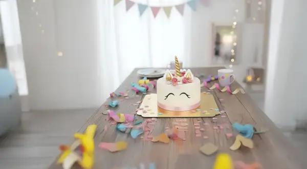 En förtrollande unicorn tårta står på ett träbord, omgiven av konfetti och serpentiner. En magisk födelsedagsfest!