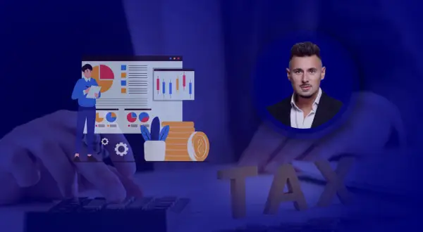 Biznesmen analizuje dane finansowe, stosując kalkulator do obliczeń. Słowo TAX i stos monet sugerują tematykę podatkową, w tym vat-r.