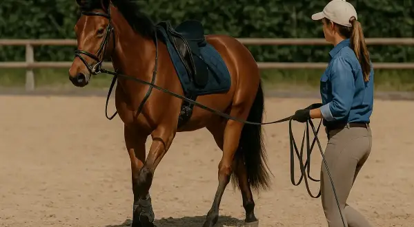 Trening konia na lonży. Brązowy koń w siodle i kobieta w czapce prowadząca go na lonży na piaszczystym placu.