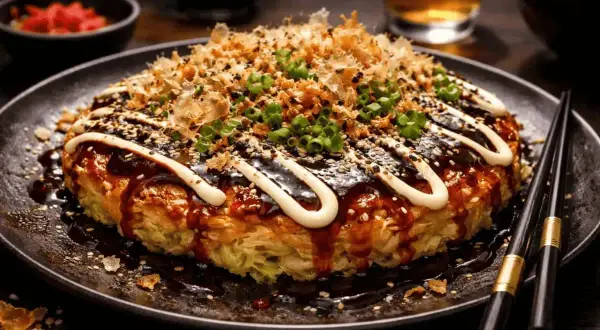 En läcker okonomiyaki med generöst med okonomiyaki sås, majonnäs, sesamfrön och grön lök.