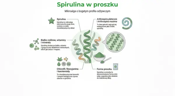 Ilustracja przedstawia spirulinę w proszku, jej składniki odżywcze i formę podania.