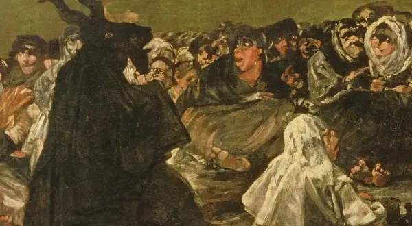 Goyas schwarze Bilder: Ein schwarzer Teufel mit Hörnern thront über einer Gruppe verängstigter Menschen.