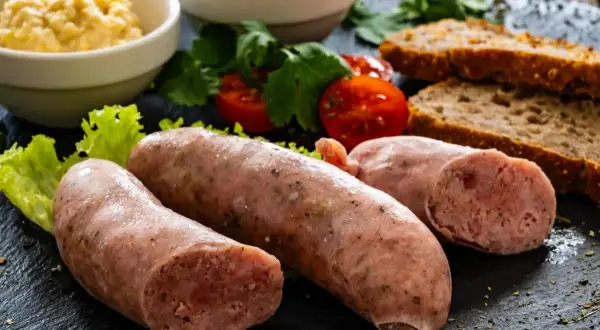 Surowa biała kiełbasa z dodatkami: chlebem, musztardą, chrzanem i pomidorami.
