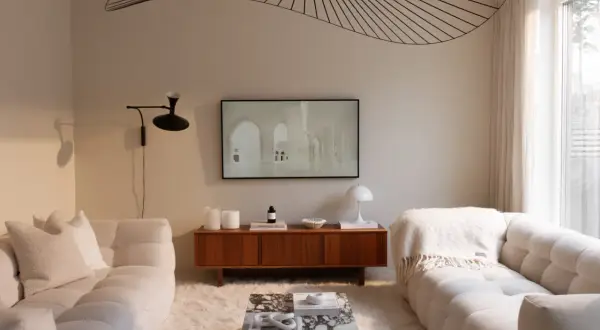 Ett vardagsrum i kall beige ton. Mjuka soffor, en marmorbänk och en träbyrå skapar en lugn atmosfär. En stor taklampa ger ett dramatiskt intryck.