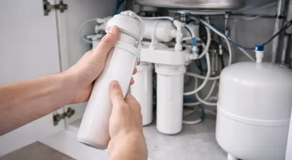 Mains d'homme tenant un filtre pour un raccord osmoseur. Système de filtration d'eau sous évier.