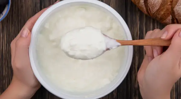 Gęsty, biały jogurt na drewnianej łyżce. To właśnie skyr, islandzki przysmak, który świetnie smakuje z chlebem i oliwkami.