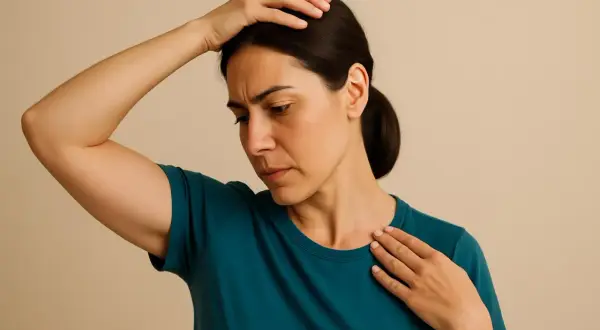 Donna con mano sulla testa e sul collo, espressione di disagio, forse per cervicale e nausea.