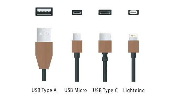 Différents types de câble téléphone portable : USB A, USB Micro, USB Type C et Lightning.