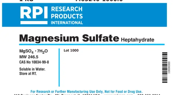 Etykieta produktu RPI: siarczan magnezu siedmiowodny, 1 kg. Formuła MgSO4·7H2O, numer CAS 10034-99-8.