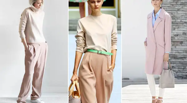 Modelli con abiti color crema e abbinamenti eleganti: pantaloni fluidi, cappotto rosa cipria e accessori chic.