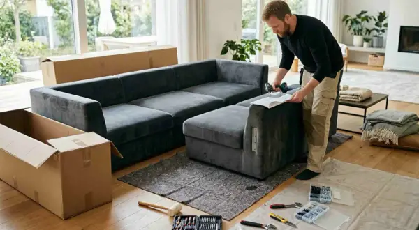Man monterar en grå soffa med skruvdragare och instruktioner. Det ser ut som ett projekt för att byta stoppning soffa.