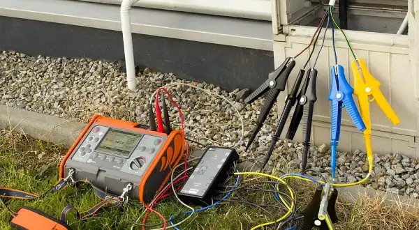 Miernik testuje rezystancję izolacji przewodów podłączonych do skrzynki elektrycznej.