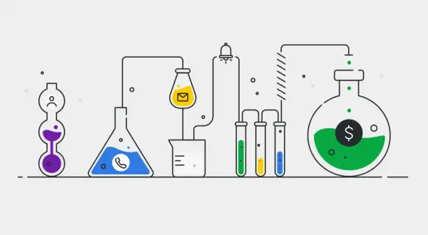Proceso de cómo hacer una cotización: un experimento científico con tubos de ensayo, matraces y un símbolo de dólar, que representa la creación de valor.