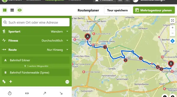 Mit komoot eine Mehrtagestour planen: Wanderroute von Erkner nach Fürstenwalde (Spree) mit 5 Zwischenstopps.