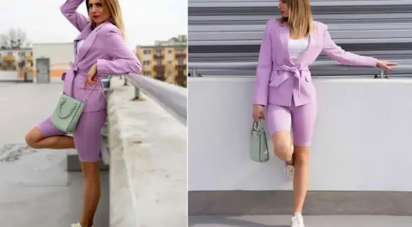 Stylizacja w odcieniach fioletu: liliowy garnitur, miętowa torebka i kolorowe sneakersy. Jaki kolor do fioletu? Miętowy!