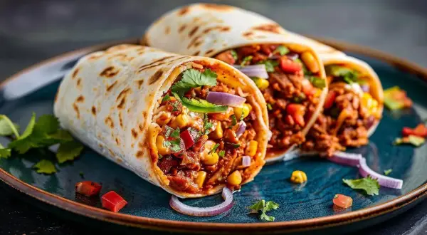Pyszna tortilla z grilla, pełna mięsa, kukurydzy, fasoli i świeżych warzyw, podana na talerzu.