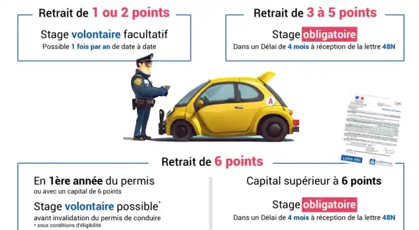 Perte de points permis probatoire : 1-2 points, stage volontaire. 3-5 points, stage obligatoire sous 4 mois. 6 points, stage obligatoire sous 4 mois.